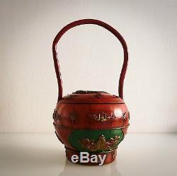 Superb Large Antique Basket (wedding), Wooden, Low Relief Decoration, China XIX