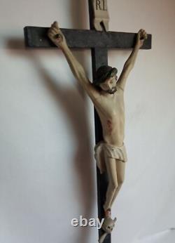 Superb and rare large carved wooden crucifix, late 18th / early 19th century, 77 cm