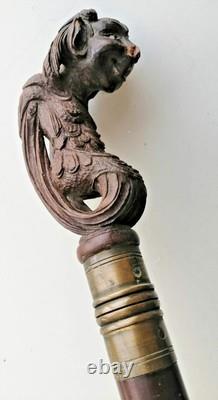 Superb antique mahogany cane with a beautiful carved knob, 19th century faun decoration