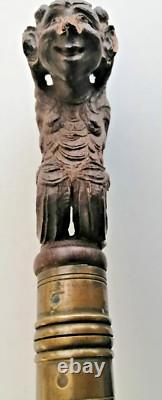Superb antique mahogany cane with a beautiful carved knob, 19th century faun decoration