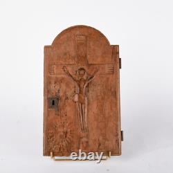 Tabernacle door Christ on the cross carved wood 18th century folk naive art brut