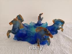 The Horses of Marly Daum France Sculpture in Blue Crystal Glass Paste