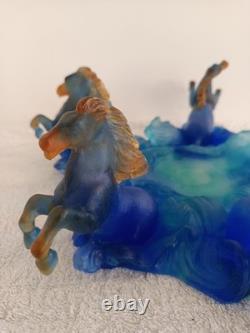 The Horses of Marly Daum France Sculpture in Blue Crystal Glass Paste