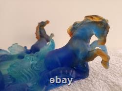 The Horses of Marly Daum France Sculpture in Blue Crystal Glass Paste