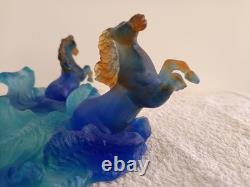 The Horses of Marly Daum France Sculpture in Blue Crystal Glass Paste
