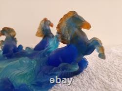 The Horses of Marly Daum France Sculpture in Blue Crystal Glass Paste