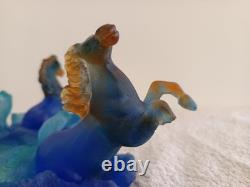 The Horses of Marly Daum France Sculpture in Blue Crystal Glass Paste