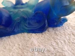 The Horses of Marly Daum France Sculpture in Blue Crystal Glass Paste