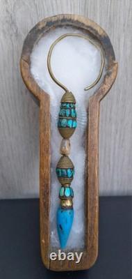 Tibetan Earring Pendant, Turquoise, Gold-Plated Brass, Mother of Pearl, Lhasa Sochi
