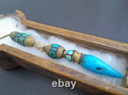 Tibetan Earring Pendant, Turquoise, Gold-Plated Brass, Mother of Pearl, Lhasa Sochi