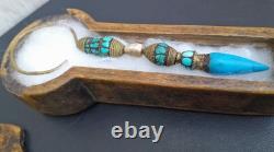 Tibetan Earring Pendant, Turquoise, Gold-Plated Brass, Mother of Pearl, Lhasa Sochi