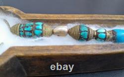 Tibetan Earring Pendant, Turquoise, Gold-Plated Brass, Mother of Pearl, Lhasa Sochi