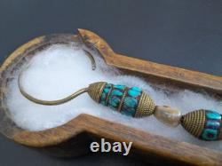 Tibetan Earring Pendant, Turquoise, Gold-Plated Brass, Mother of Pearl, Lhasa Sochi