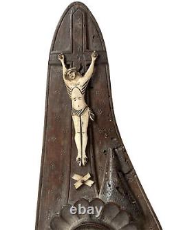 Title: 'Christ Crucifix, Carved Wooden Folk Art from France, Flower, Castle, Religion, 19th Century'