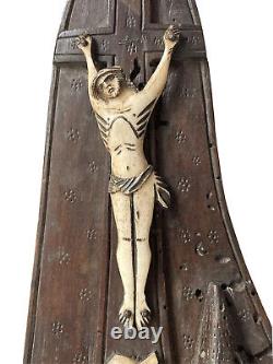 Title: 'Christ Crucifix, Carved Wooden Folk Art from France, Flower, Castle, Religion, 19th Century'