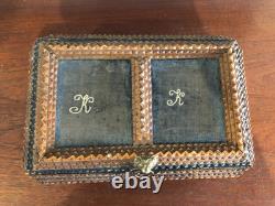 Tramp Art Sewing or Jewelry Box in Carved Wood, Folk Art