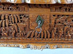 Translation: Ancient carved wooden box with animated scenes China 19th century SB265