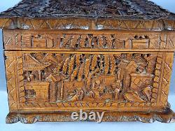 Translation: Ancient carved wooden box with animated scenes China 19th century SB265