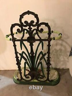 Translation: Antique Cast Iron Polychrome Umbrella Stand 19th Century Frog and Reeds