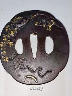 Tsuba Inlay Japanese Edo Period Antique Iron Forged Cascade Forest Boar Design