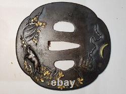 Tsuba Inlay Japanese Edo Period Antique Iron Forged Cascade Forest Boar Design