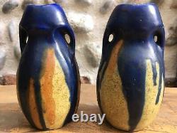 Very Beautiful Pair Of Vase 1950 In Blue And Yellow Design Stones Number 43