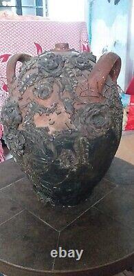 Very rare ancient metal barbotine oil amphora jug from the 19th century - H 46cm