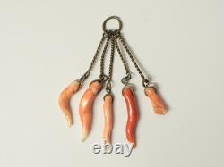 Very rare antique lucky charm with 4 cornicello and 1 red coral figa, Sicily, 19th century