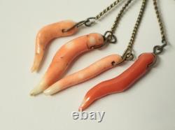 Very rare antique lucky charm with 4 cornicello and 1 red coral figa, Sicily, 19th century