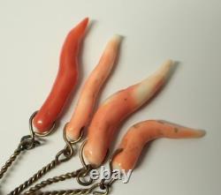 Very rare antique lucky charm with 4 cornicello and 1 red coral figa, Sicily, 19th century