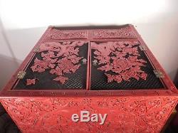 Vintage Design Asia China Xxth Cabinet Red Lacquer Beijing Cinnabar Decor Flower