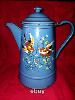 Vintage Enamelled Metal Coffee Pot with Bird Design (Finches) TTB 21 cm