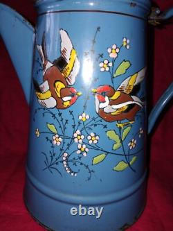 Vintage Enamelled Metal Coffee Pot with Bird Design (Finches) TTB 21 cm