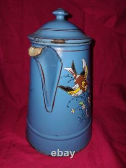 Vintage Enamelled Metal Coffee Pot with Bird Design (Finches) TTB 21 cm