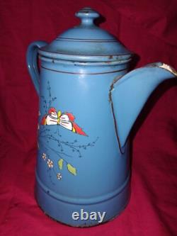 Vintage Enamelled Metal Coffee Pot with Bird Design (Finches) TTB 21 cm