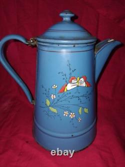 Vintage Enamelled Metal Coffee Pot with Bird Design (Finches) TTB 21 cm