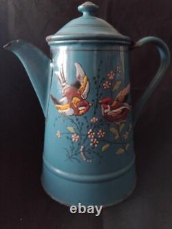 Vintage Enamelled Metal Coffee Pot with Bird Design (Finches) TTB 21 cm