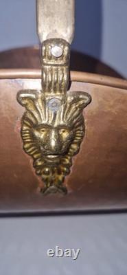 Vintage Hammered Copper and Brass Lion Head Fireplace Log Basket