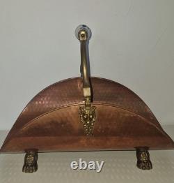 Vintage Hammered Copper and Brass Lion Head Fireplace Log Basket