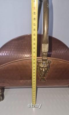 Vintage Hammered Copper and Brass Lion Head Fireplace Log Basket