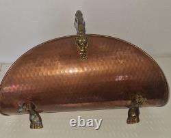 Vintage Hammered Copper and Brass Lion Head Fireplace Log Basket