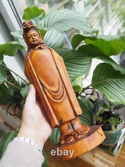 Wooden Carving Antique Buddha Guanyin Statue Sculpture Boxwood