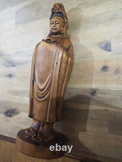 Wooden Carving Antique Buddha Guanyin Statue Sculpture Boxwood