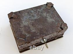 Wrought iron box, antique coat of arms, heavy metal chest with lock and key, Gothic iron box