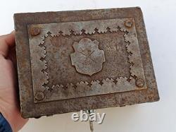 Wrought iron box, antique coat of arms, heavy metal chest with lock and key, Gothic iron box