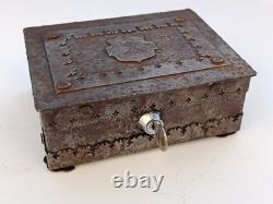 Wrought iron box, antique crest metal chest, heavy lock with key, gothic iron box