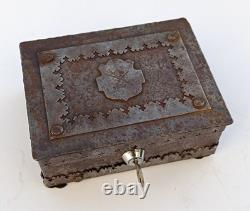 Wrought iron box, antique crest metal chest, heavy lock with key, gothic iron box