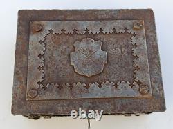 Wrought iron box, antique crest metal chest, heavy lock with key, gothic iron box