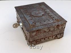 Wrought iron box, antique crest metal chest, heavy lock with key, gothic iron box