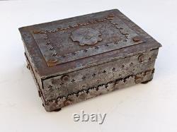 Wrought iron box, antique crest metal chest, heavy lock with key, gothic iron box